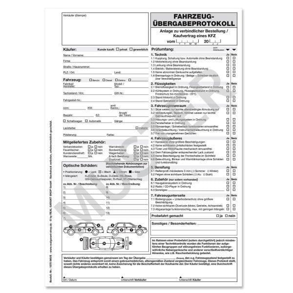Übergabeprotokoll für Fahrzeuge, Anlage zu KFZ-Kaufvertrag Weiß/Schwarz
