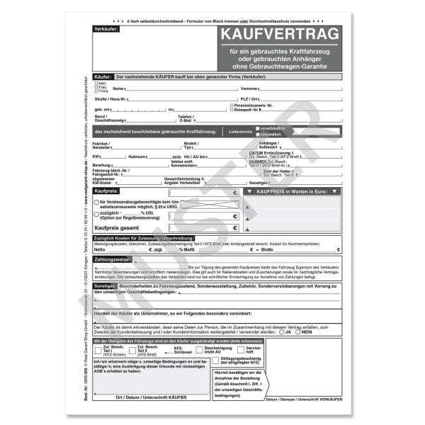 Kaufvertrag KFZ für Gebrauchtwagen ohne GW-Garantie Weiß ...
