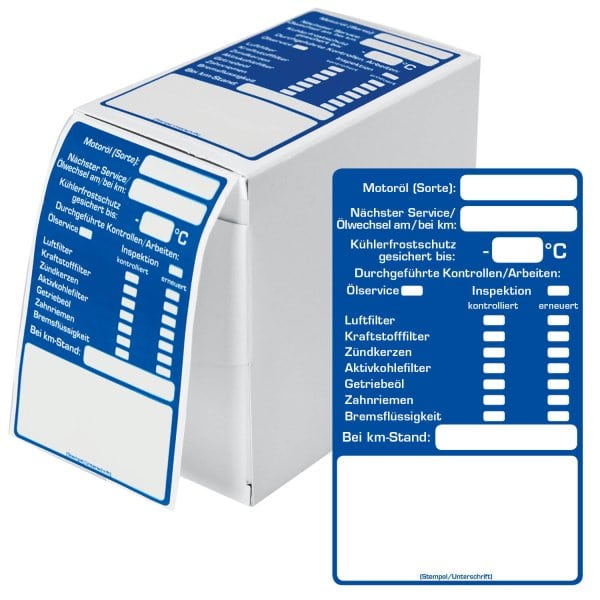 Inspektionsaufkleber die wichtigsten KFZ-Serviceinformationen auf einem  Etikett Blau/Weiß